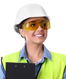 Image of Woman wearing uniform and reflection of crude oil pumps in her goggles on white background. Double exposure