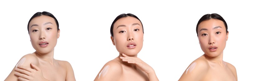 Image of Collage with photos of Asian woman applying body cream on white background