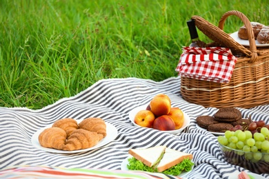 Photo of Picnic blanket with different snacks on green grass