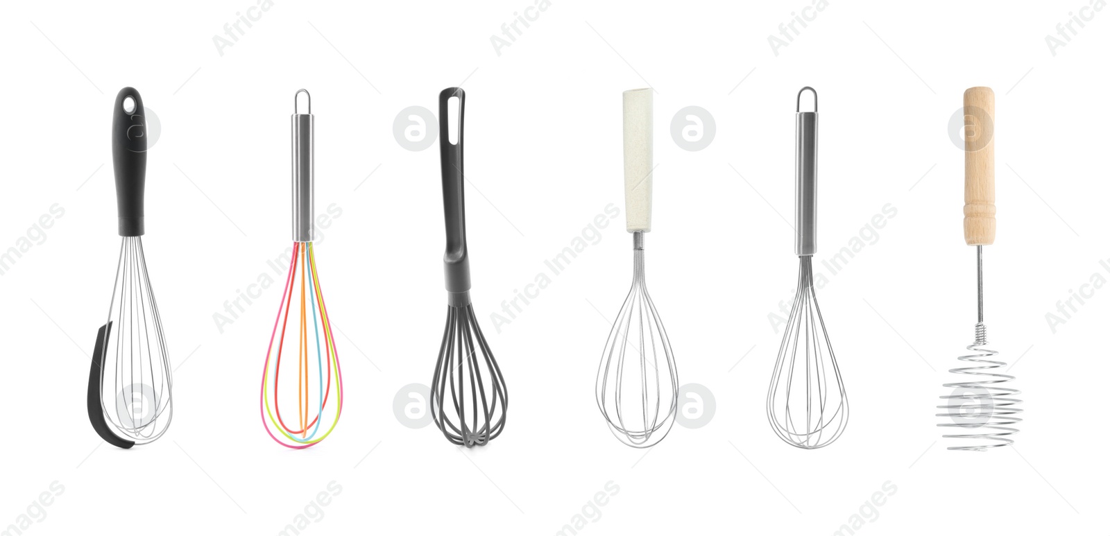 Image of Different whisks isolated on white, collection. Kitchen tool