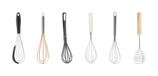 Image of Different whisks isolated on white, collection. Kitchen tool