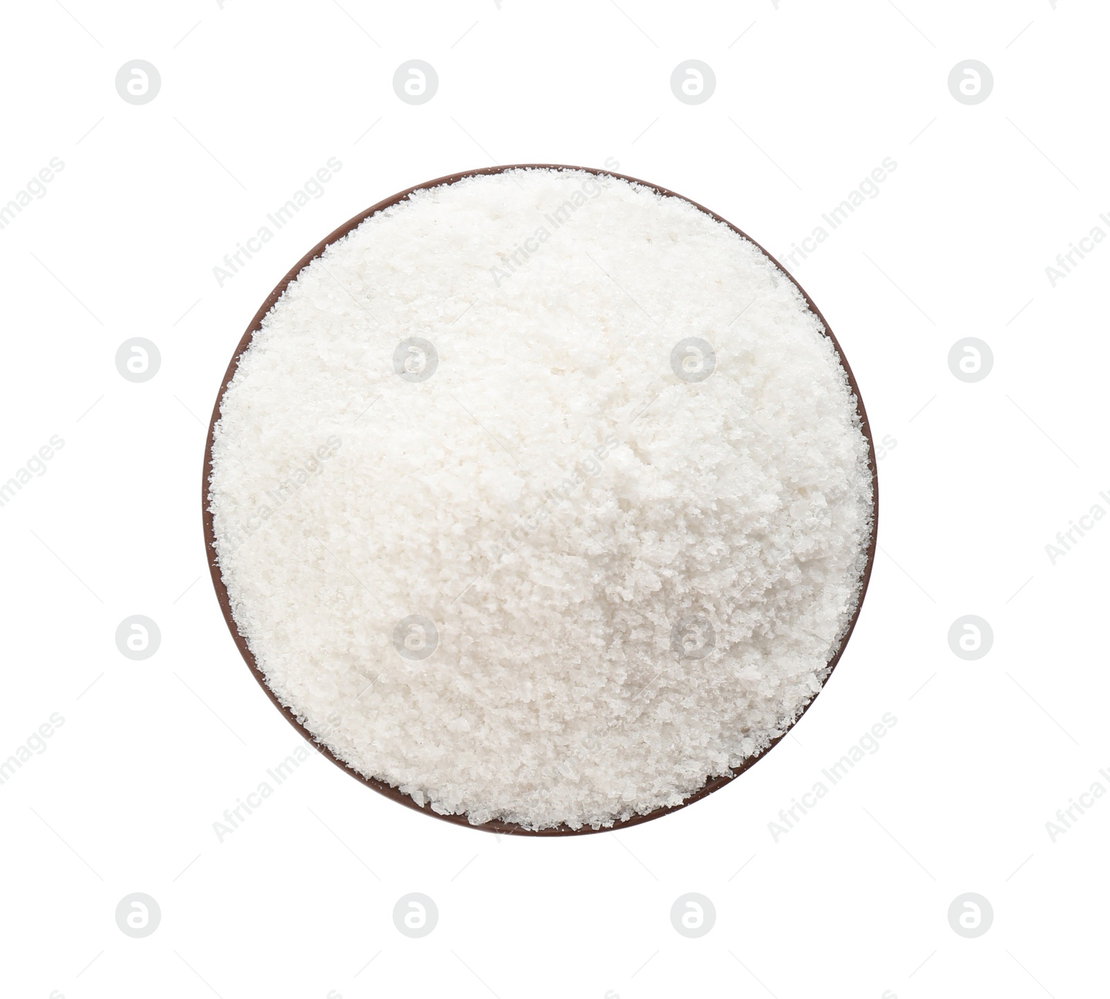 Photo of Bowl with natural salt isolated on white, top view