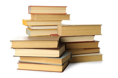 Photo of Lots of library books on white background