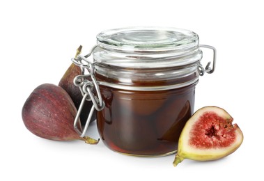 Photo of Jar of tasty sweet jam and fresh figs isolated on white