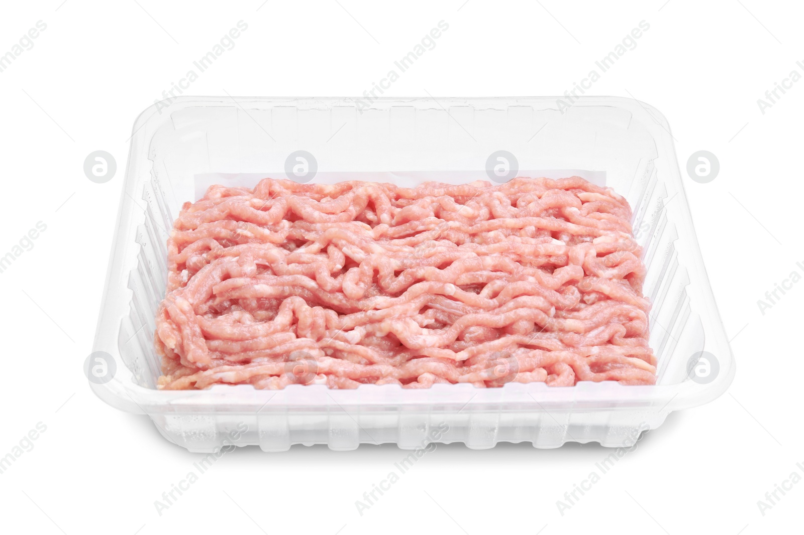 Photo of Raw chicken minced meat in container isolated on white