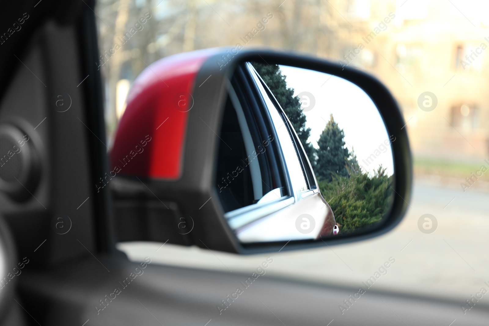 Photo of Side rear view mirror of modern car outdoors, closeup