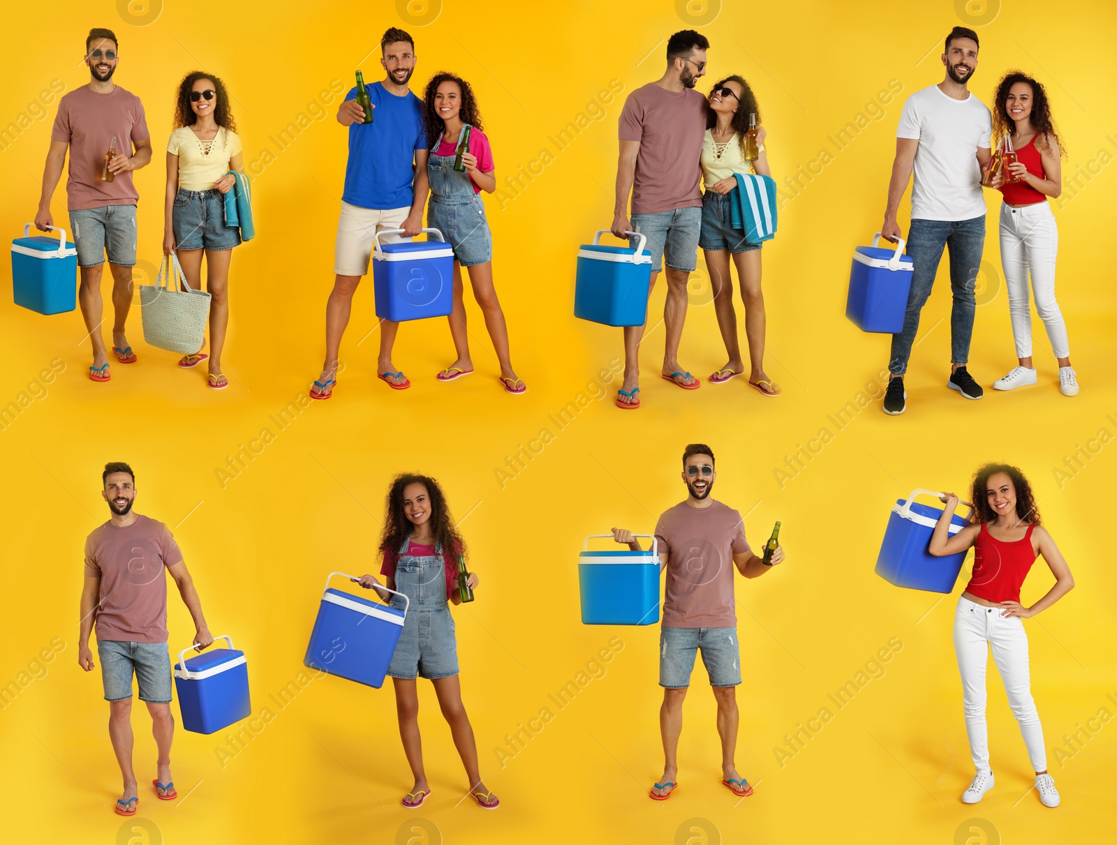 Image of Collage with photos of people holding cool boxes on yellow background
