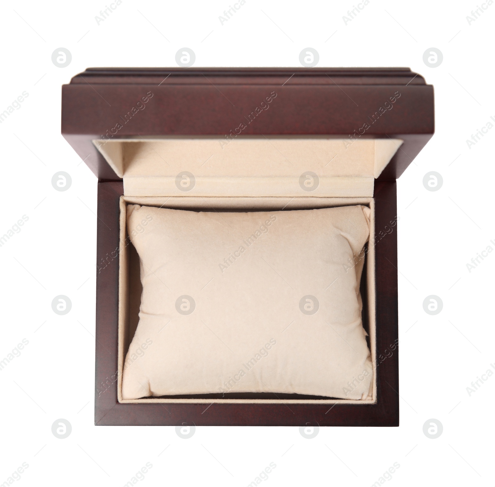 Photo of Empty stylish watch box isolated on white, top view