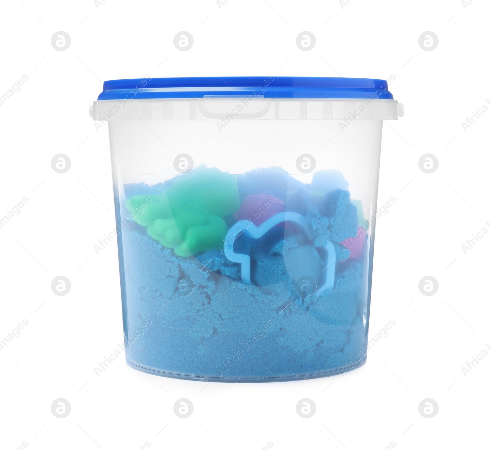 Photo of Kinetic sand and toy in bucket isolated on white