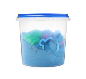 Photo of Kinetic sand and toy in bucket isolated on white