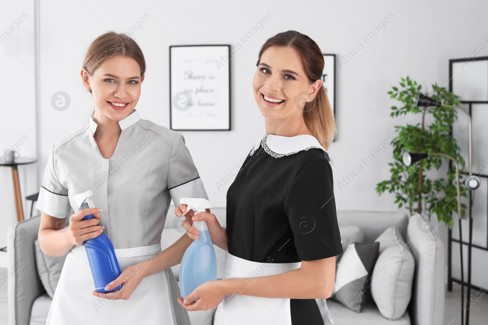 Photo of Professional chambermaids holding detergents in hotel room