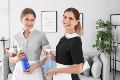 Professional chambermaids holding detergents in hotel room