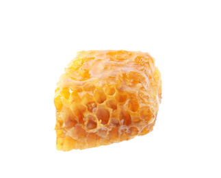 Photo of Piece of tasty fresh honeycomb isolated on white