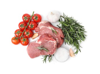 Photo of Fresh raw meat with rosemary, tomatoes and spices isolated on white, top view