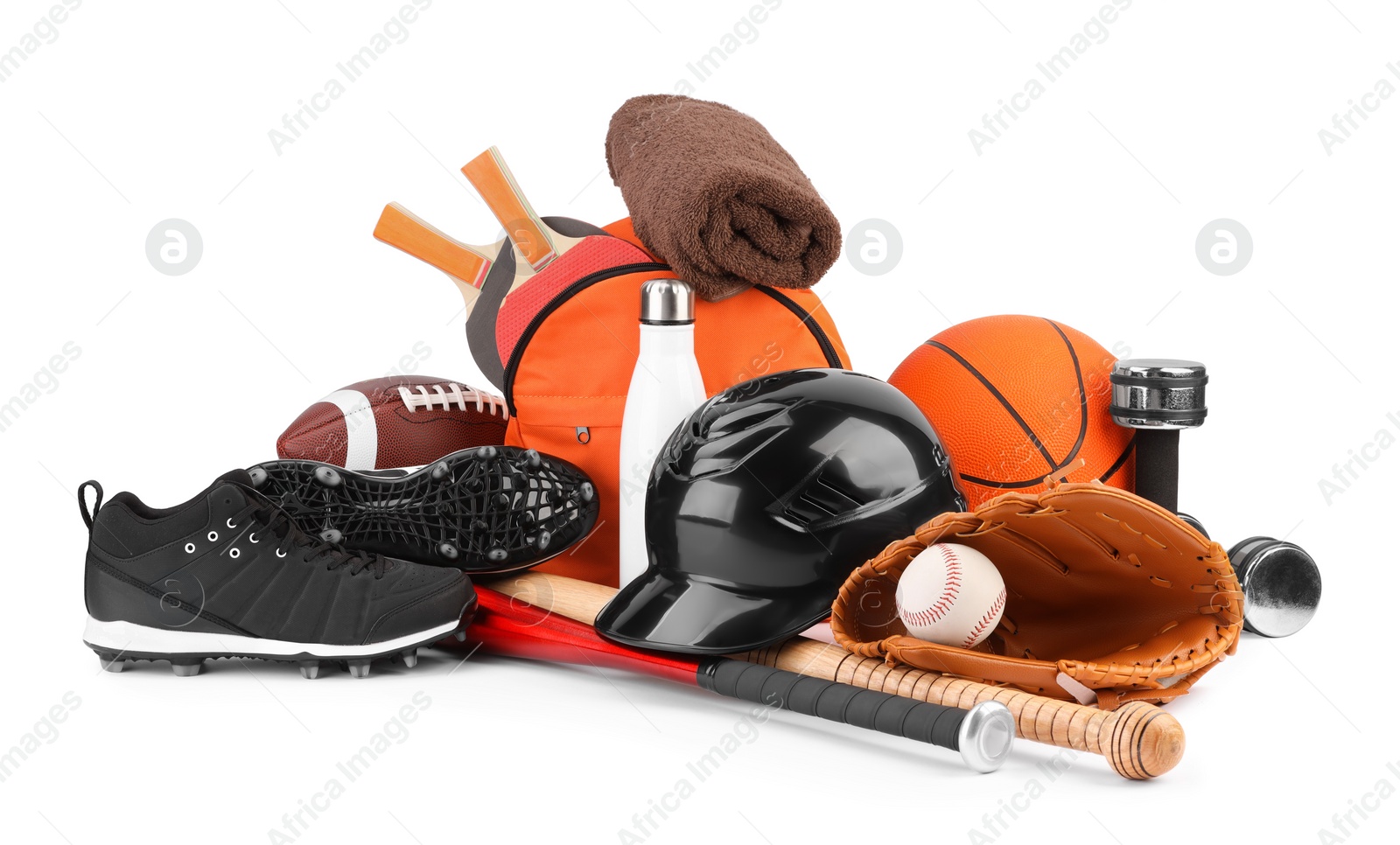 Photo of Many different sports equipment isolated on white