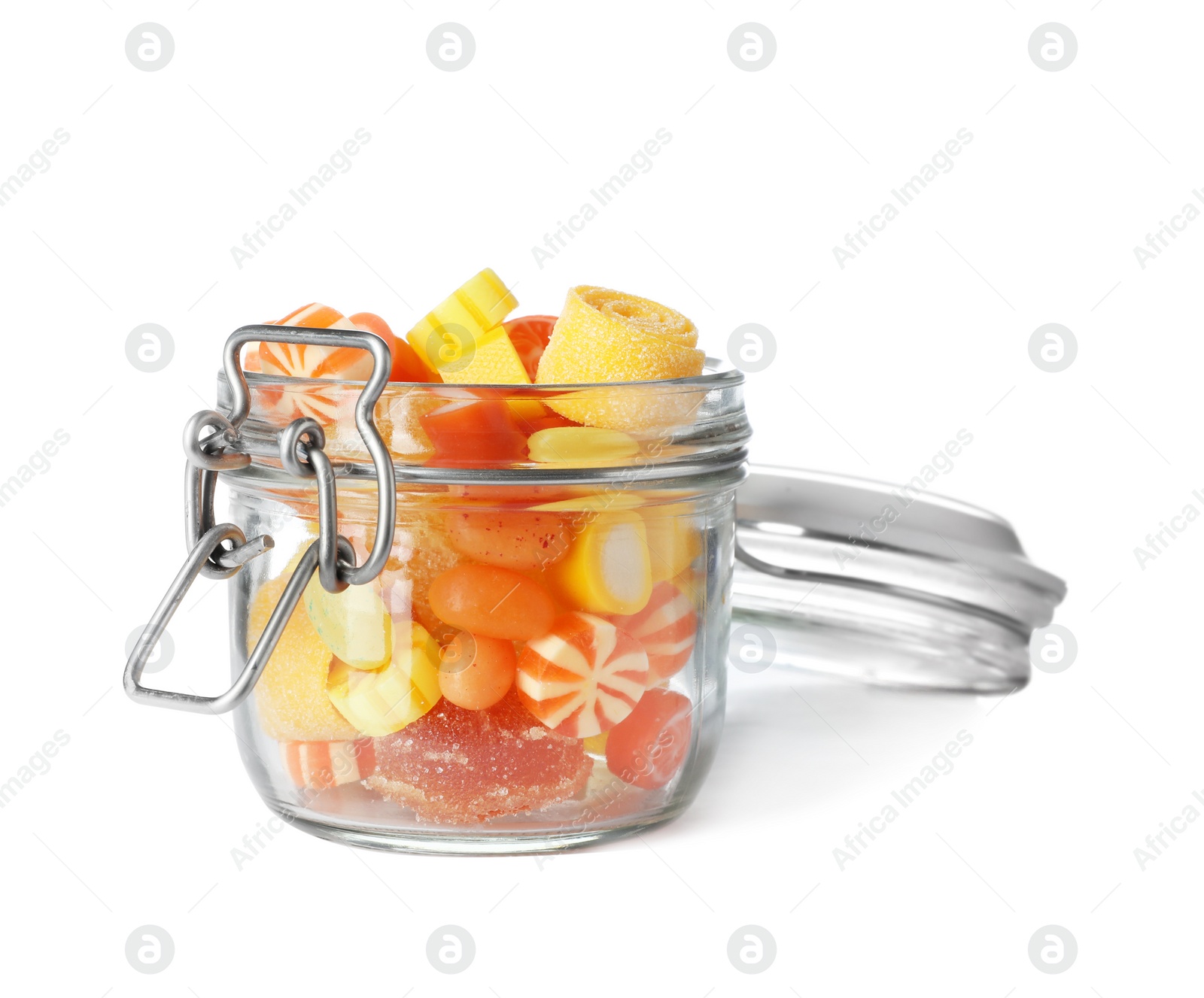 Photo of Jar with delicious colorful candies on white background