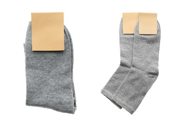 Pairs of cotton socks with blank labels on white background, collage