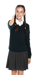 Photo of Teenage girl in stylish school uniform on white background