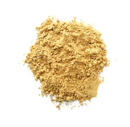 Photo of Heap of aromatic mustard powder on white background, top view