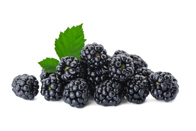 Photo of Tasty ripe blackberries and leaves on white background