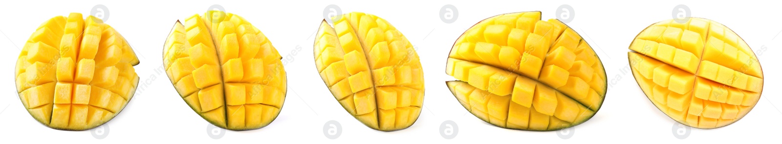 Image of Set of delicious mangoes on white background. Banner design