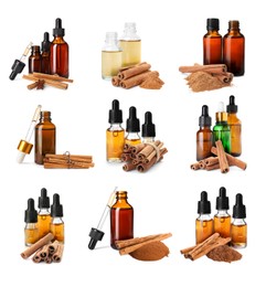 Image of Set with bottles of natural essential oil, dry cinnamon sticks and powder on white background