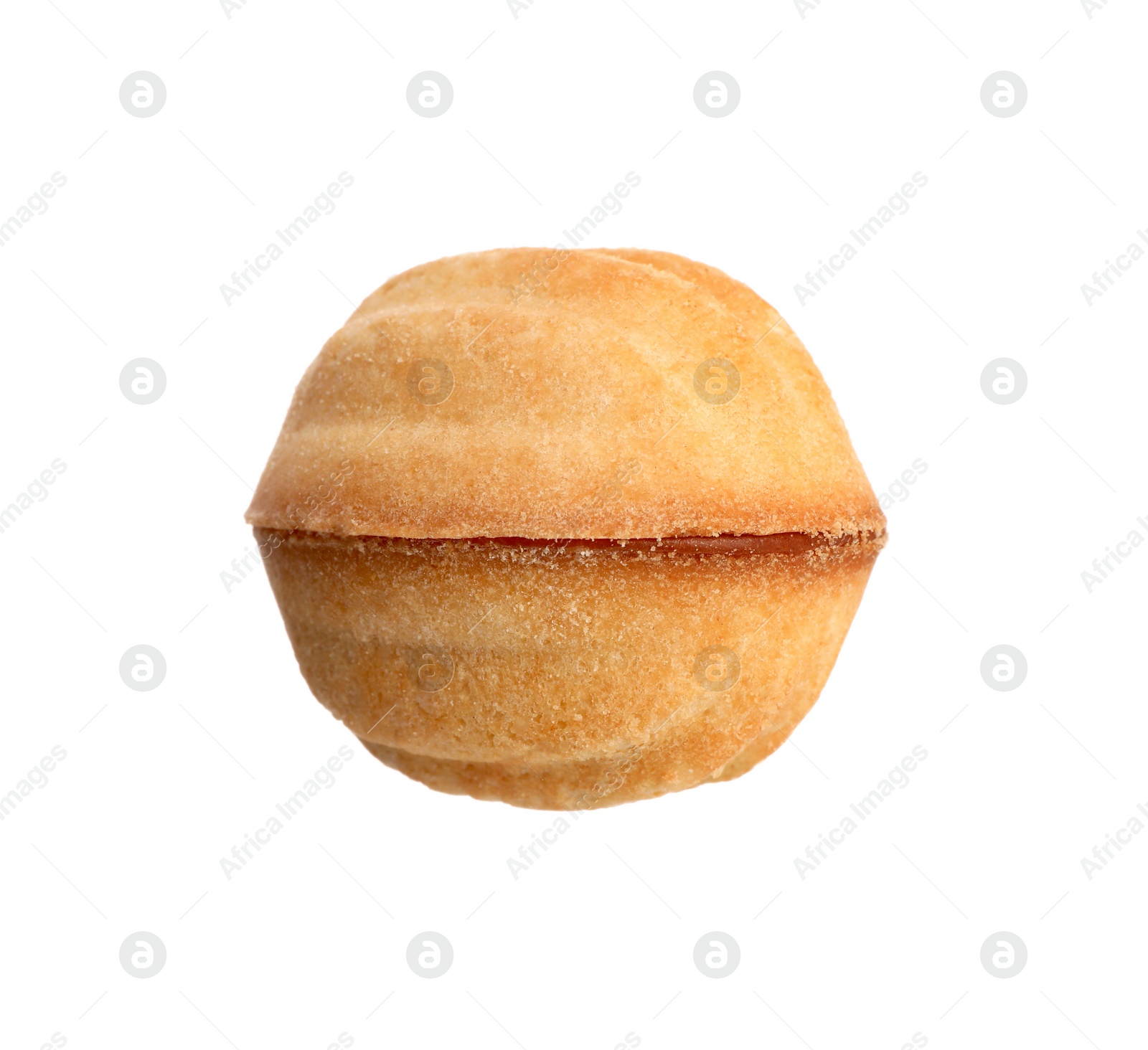 Photo of Delicious nut shaped cookie with condensed milk isolated on white