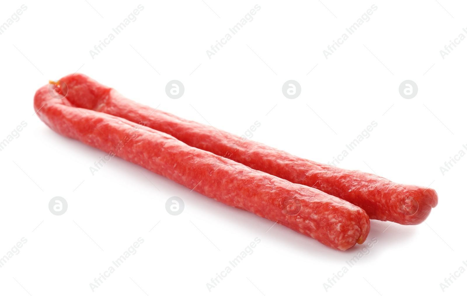 Photo of Tasty sausages on white background. Meat product