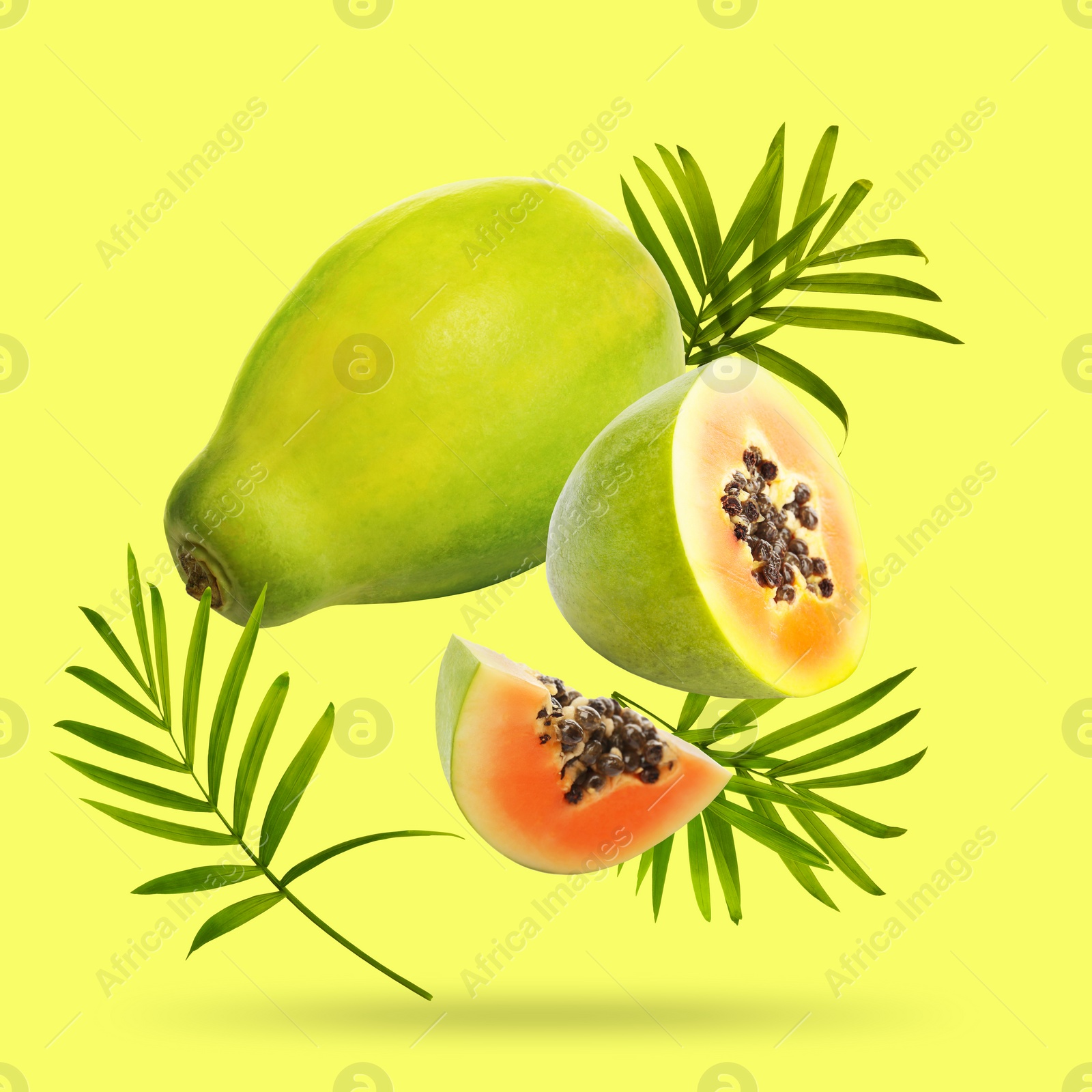 Image of Fresh papaya fruits and leaves falling on light green background