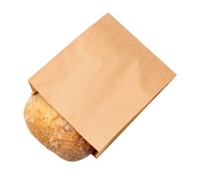 Photo of Paper bag with bread on white background, top view. Space for design