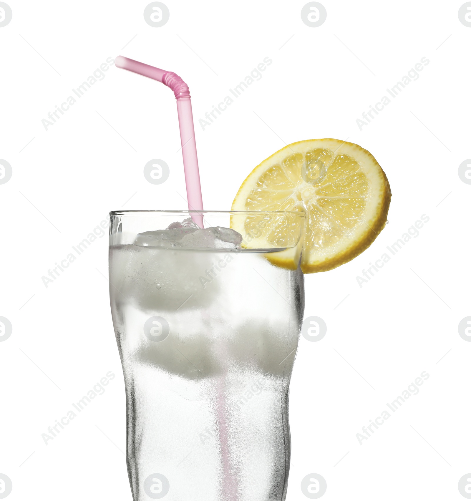 Photo of Glass of water with lemon, ice and straw on white background. Refreshing drink