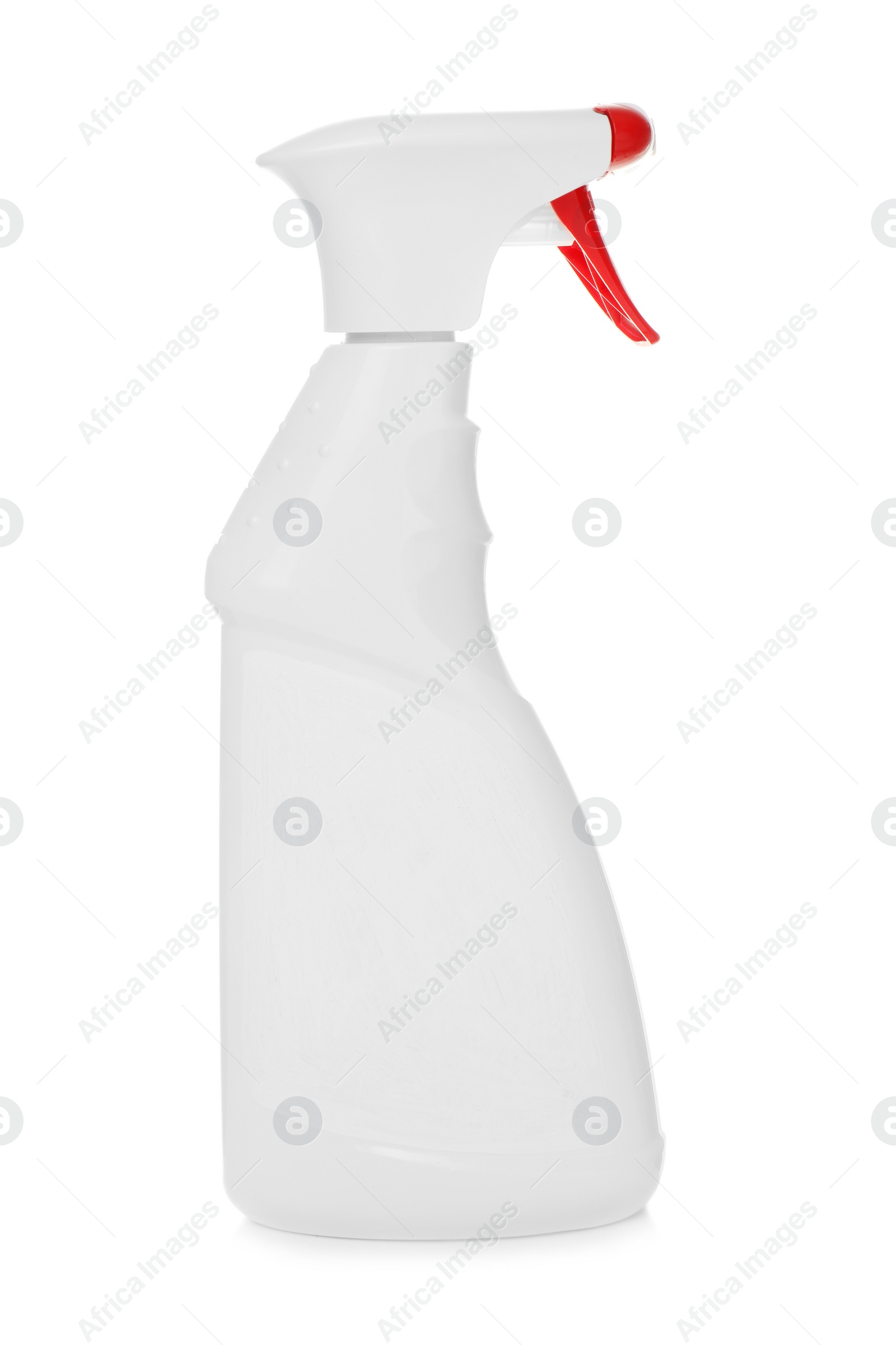 Photo of Spray bottle with detergent on white background. Cleaning supplies