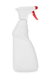 Spray bottle with detergent on white background. Cleaning supplies