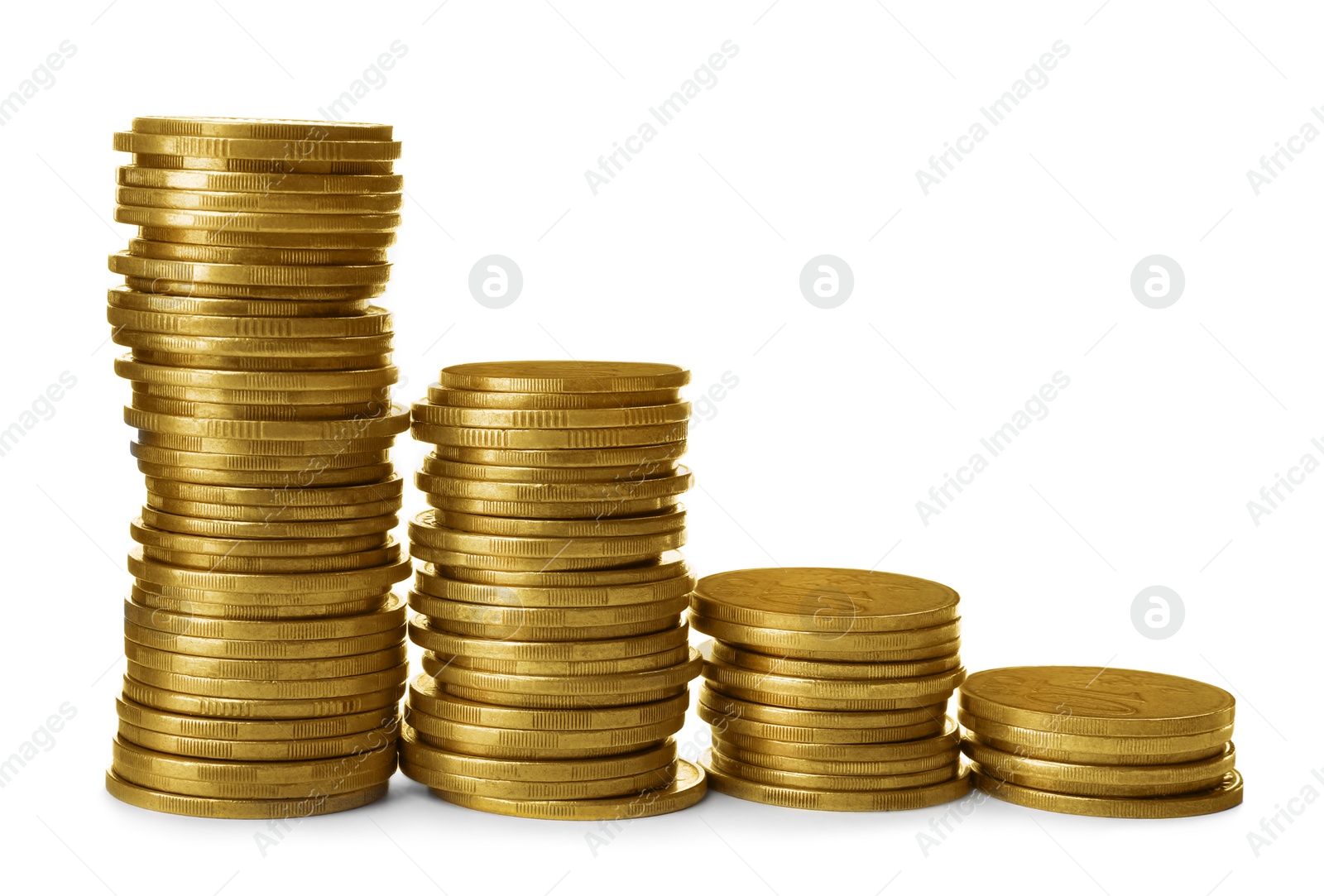 Photo of Many golden coins stacked on white background