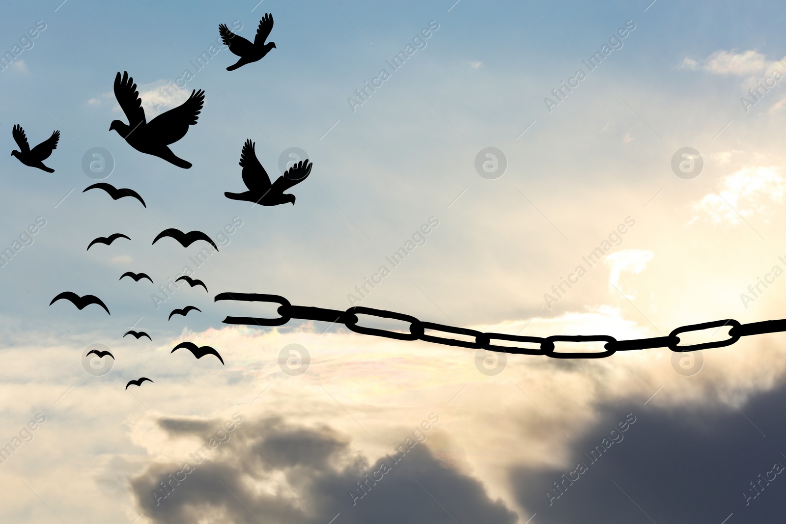 Image of Freedom concept. Silhouettes of broken chain and birds flying in blue sky