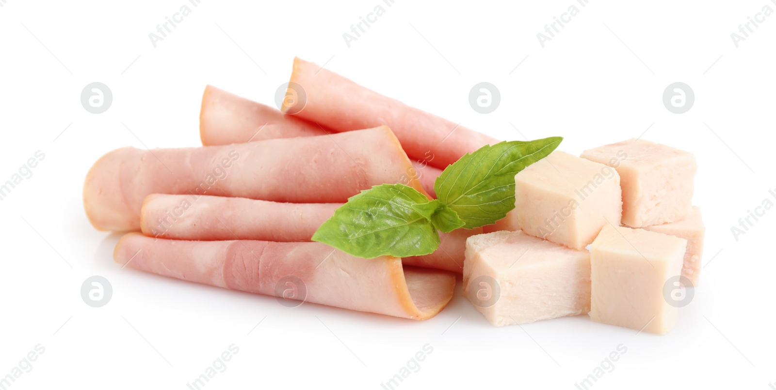 Photo of Tasty ham with basil isolated on white