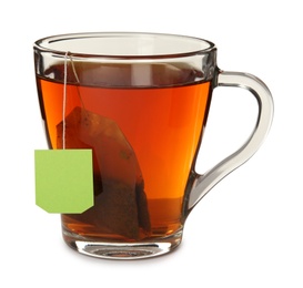 Photo of Glass cup of hot aromatic tea on white background