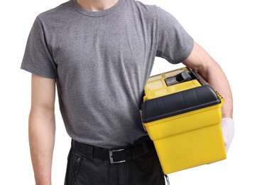 Professional repairman with tool box on white background