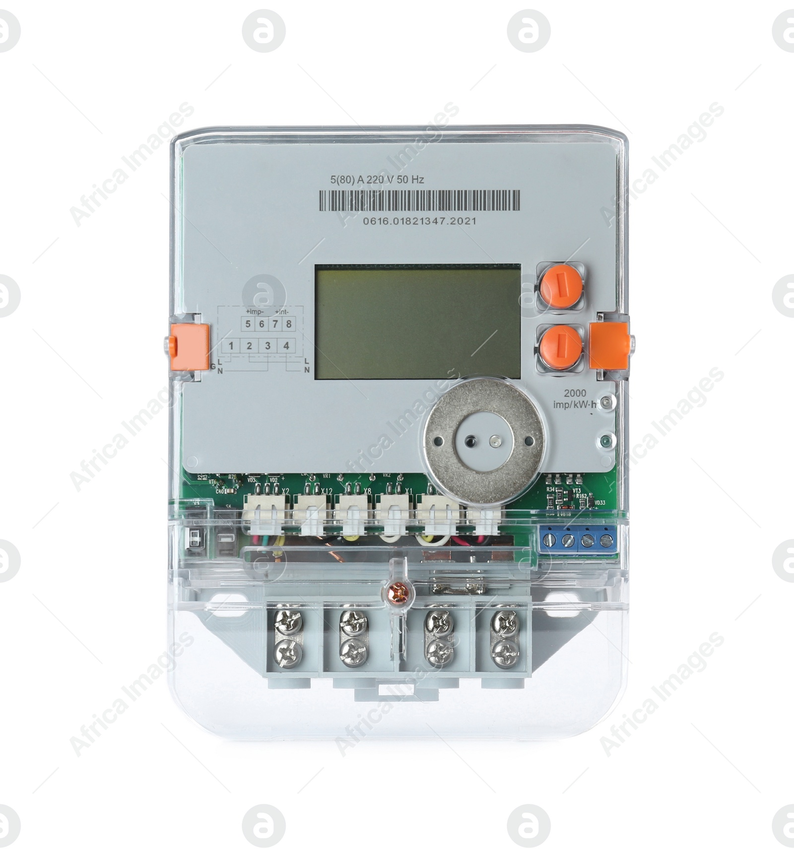 Photo of Electricity meter isolated on white background. Measuring device