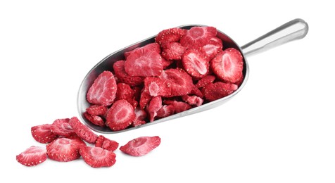 Photo of Scoop with freeze dried strawberries on white background