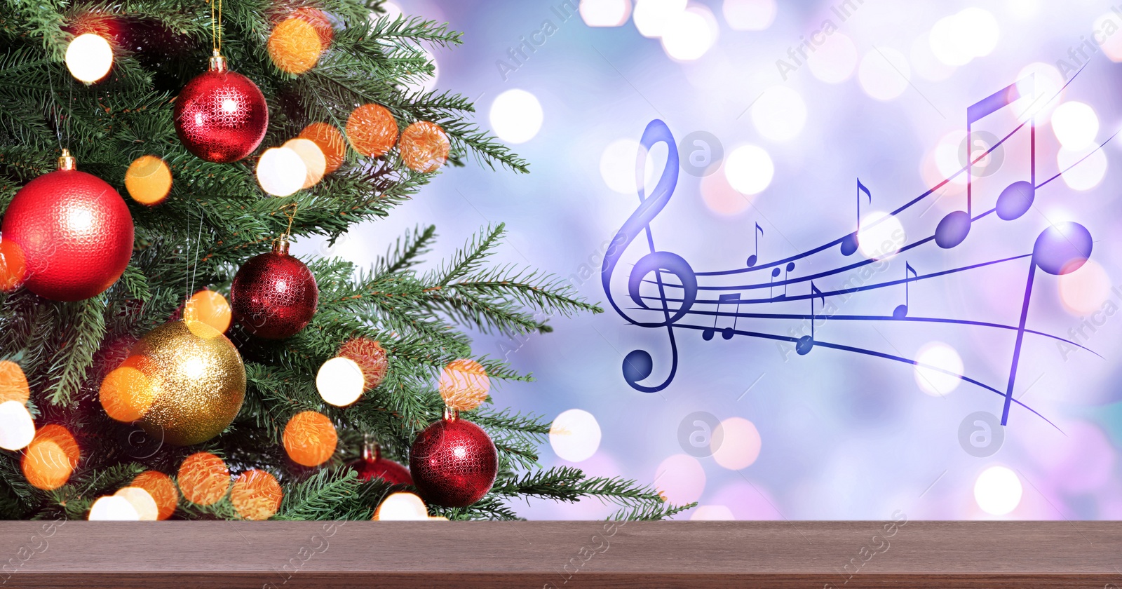 Image of Music notes and table near Christmas tree on blurred background, bokeh effect. Banner design with space for text