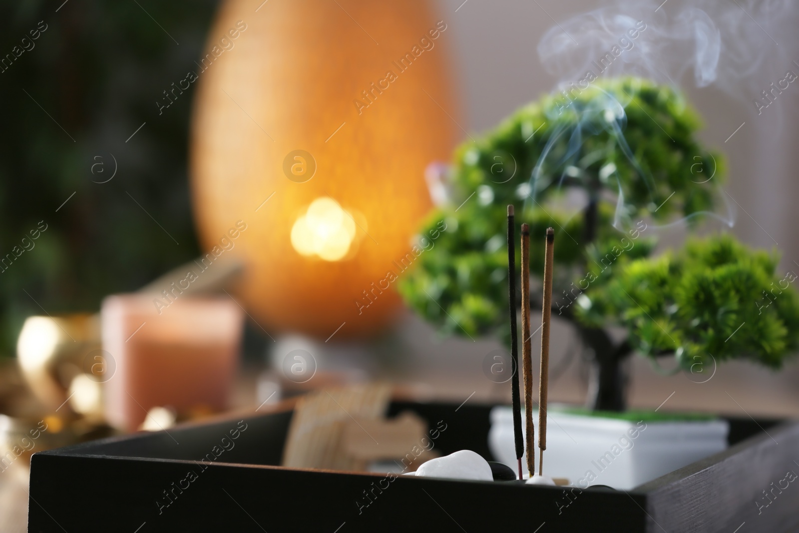 Photo of Miniature zen garden with smoldering incense sticks, closeup. Space for text