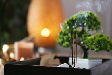 Photo of Miniature zen garden with smoldering incense sticks, closeup. Space for text