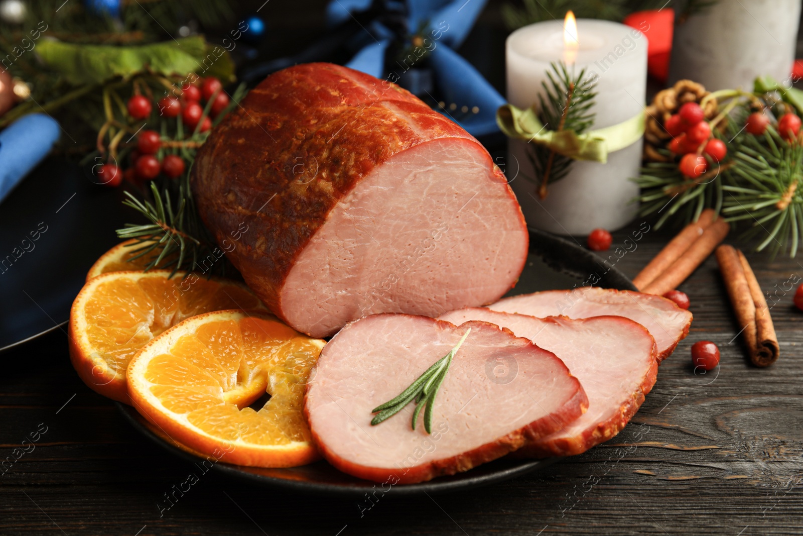 Photo of Delicious ham served on table. Christmas dinner