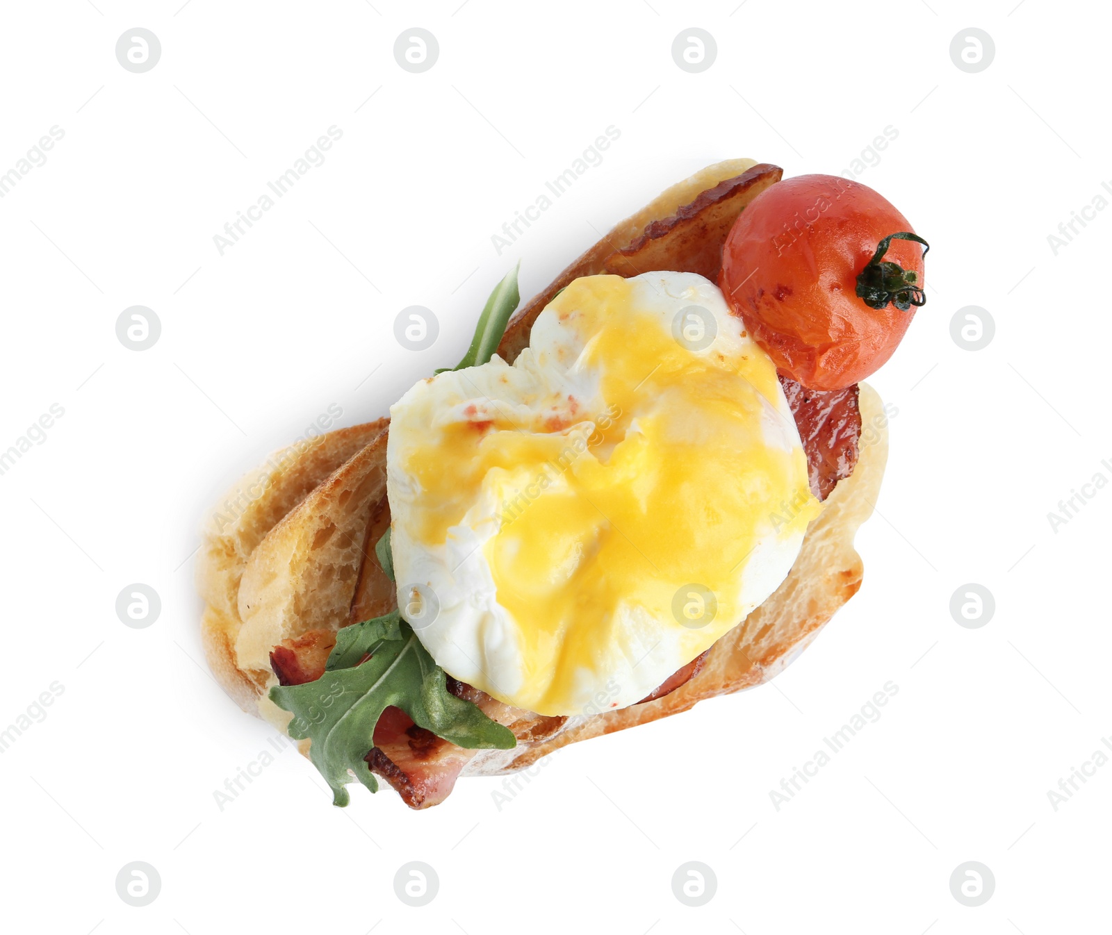 Photo of Fresh delicious egg Benedict isolated on white, top view