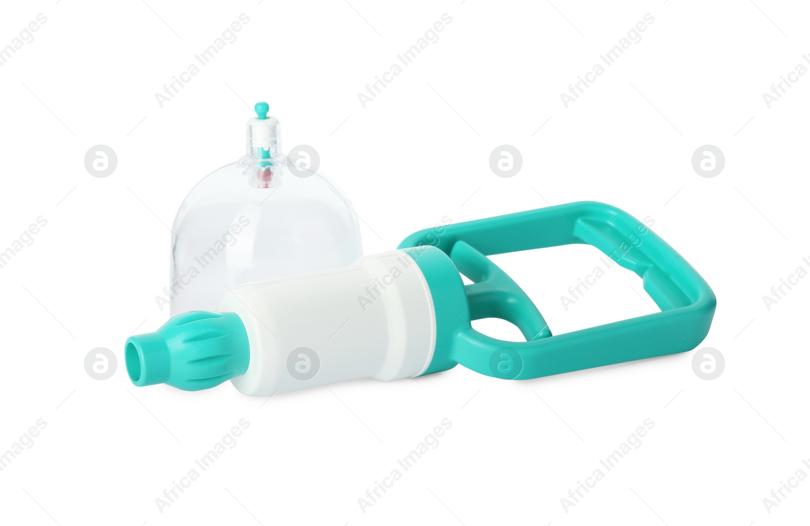 Photo of Plastic cup and hand pump isolated on white. Cupping therapy