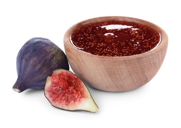 Photo of Homemade delicious fig jam and fresh fruits on white background