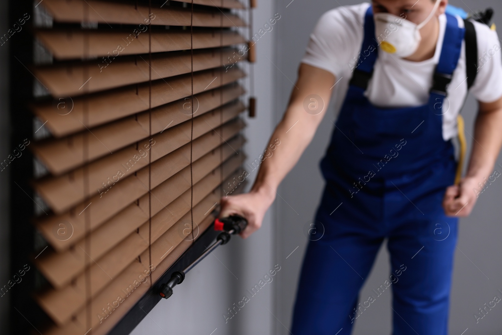 Photo of Pest control worker spraying pesticide near window in room, focus on sprayer