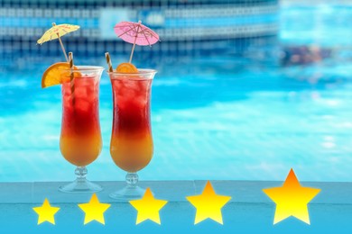 Image of Five Star Luxury Hotel. Glasses with tasty cocktails near swimming pool