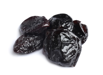 Photo of Tasty prunes on white background. Dried fruit as healthy snack